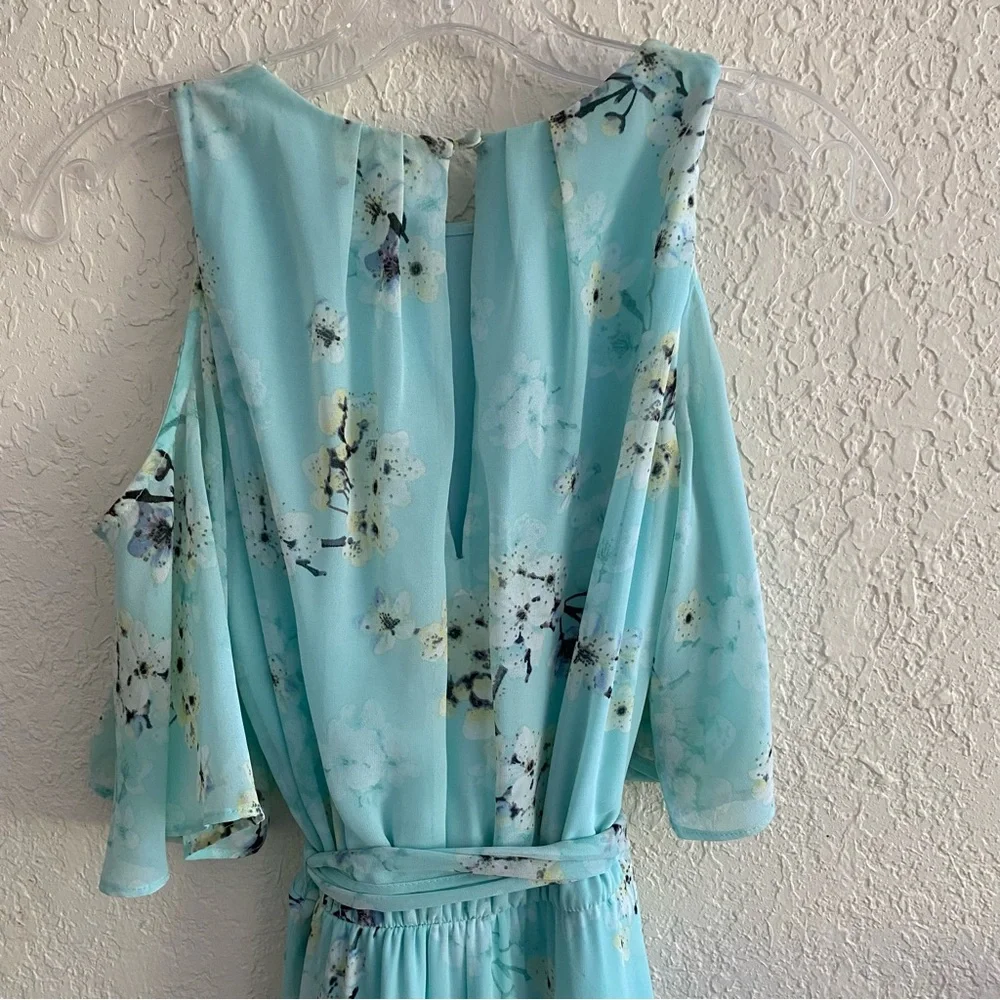Calvin Klein 6 Maxi Dress Aqua Blue Asian Floral Cold Shoulder Chiffon Flowy - Picture 7 of 13